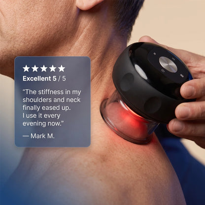 A close-up of a person holding a black handheld neck and shoulder massage device against their neck, with a glowing red light emitting from the clear cup. A dark gray review card with a 5-star rating and testimonial text is overlaid on the left side.